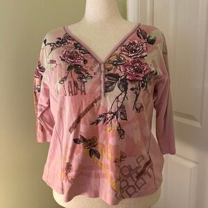 Vanilla Sugar vintage pink /green/gray floral sequin pullover w 3/4 sleeves